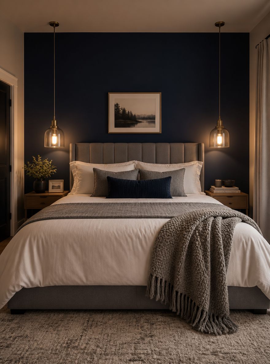 Deep navy accent wall behind padded grey headboard