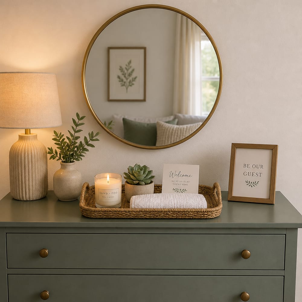 Brass-framed mirror above dresser with welcoming guest tray