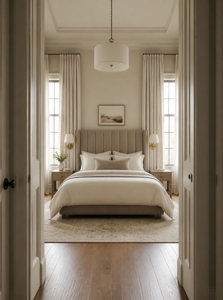 Tall upholstered headboard flanked by floor-length curtains