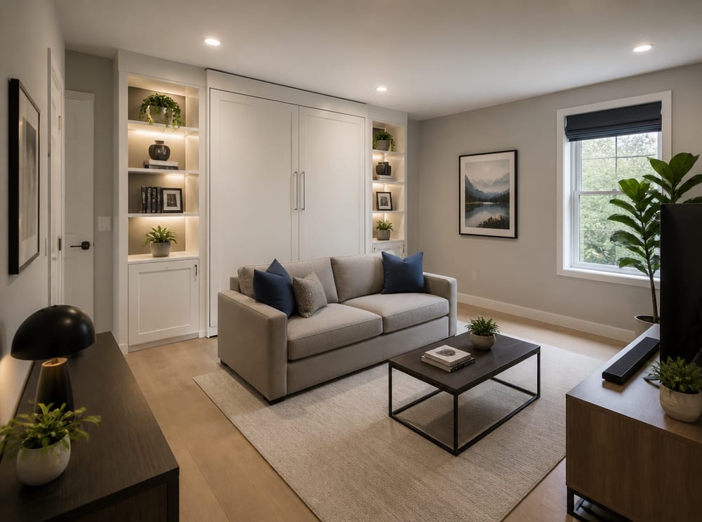 Murphy bed closed as cabinet with integrated shelving