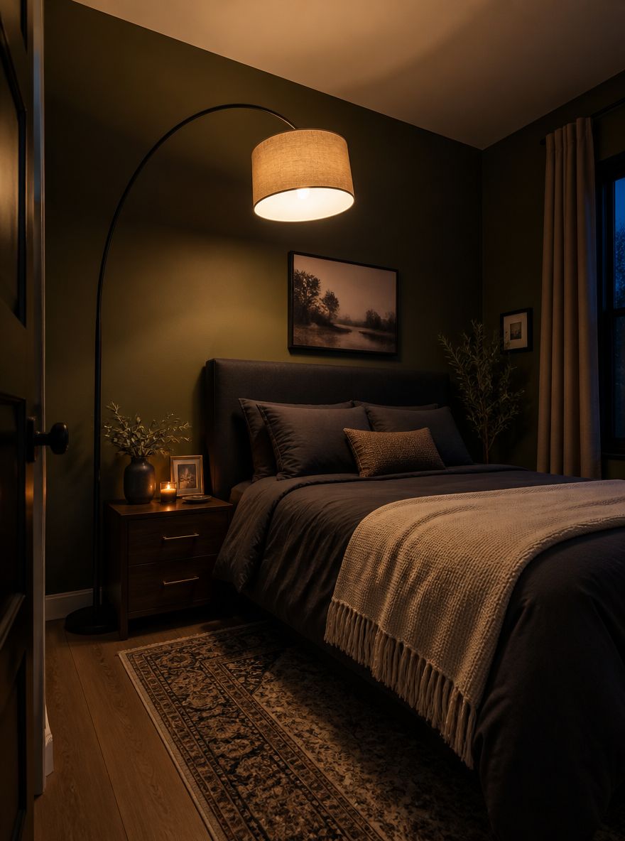 Arc floor lamp curves over charcoal-upholstered guest bed
