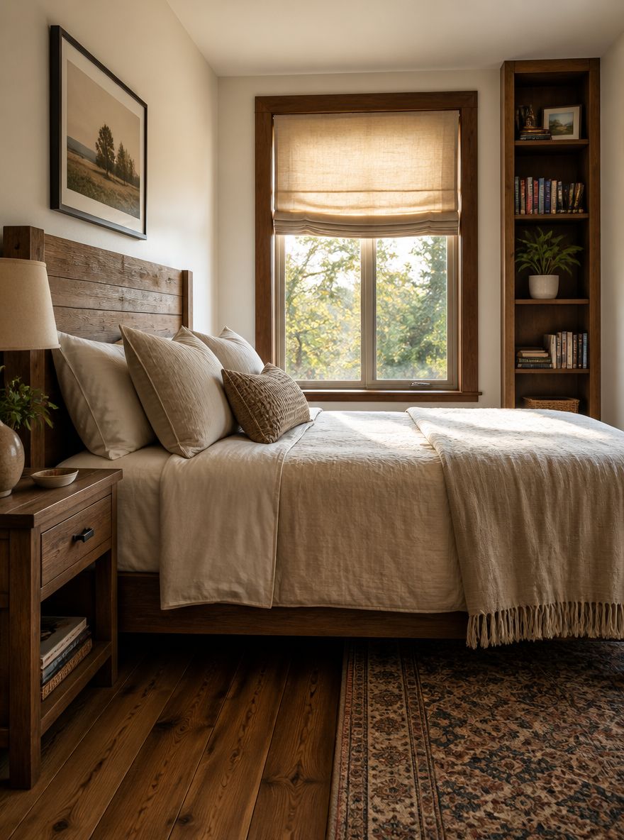 Reclaimed wood headboard with tall bookshelf in corner