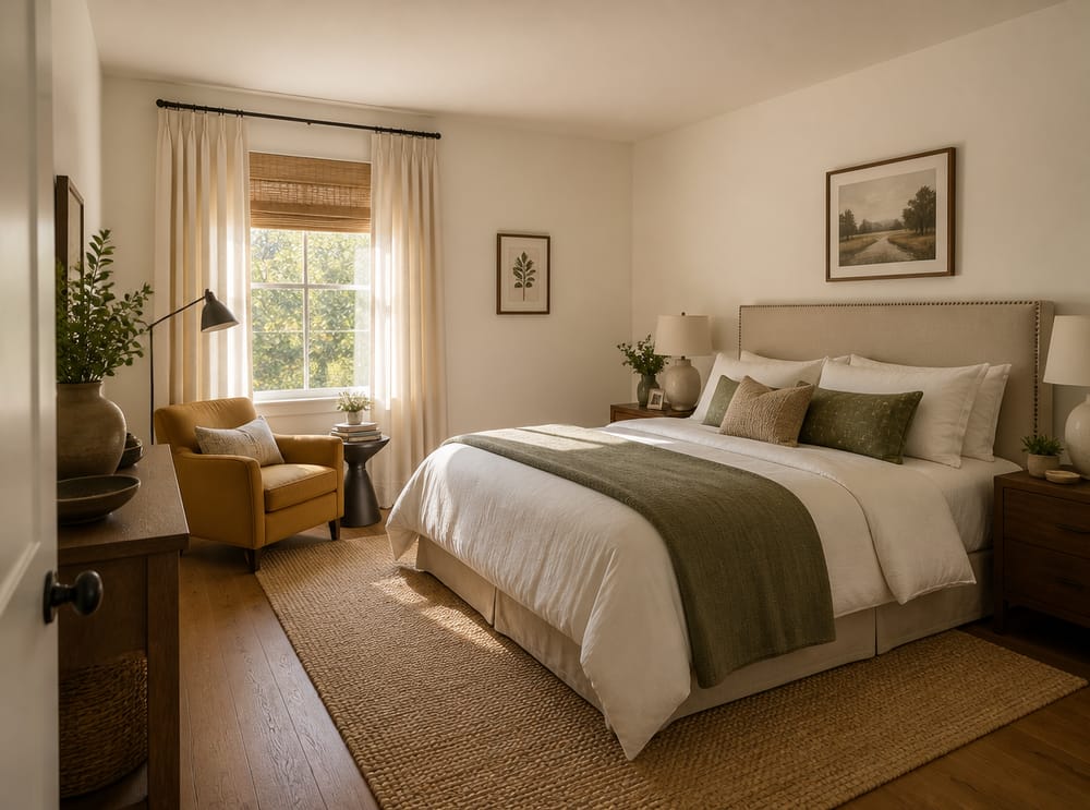 Mustard armchair reading nook in left corner of guest room
