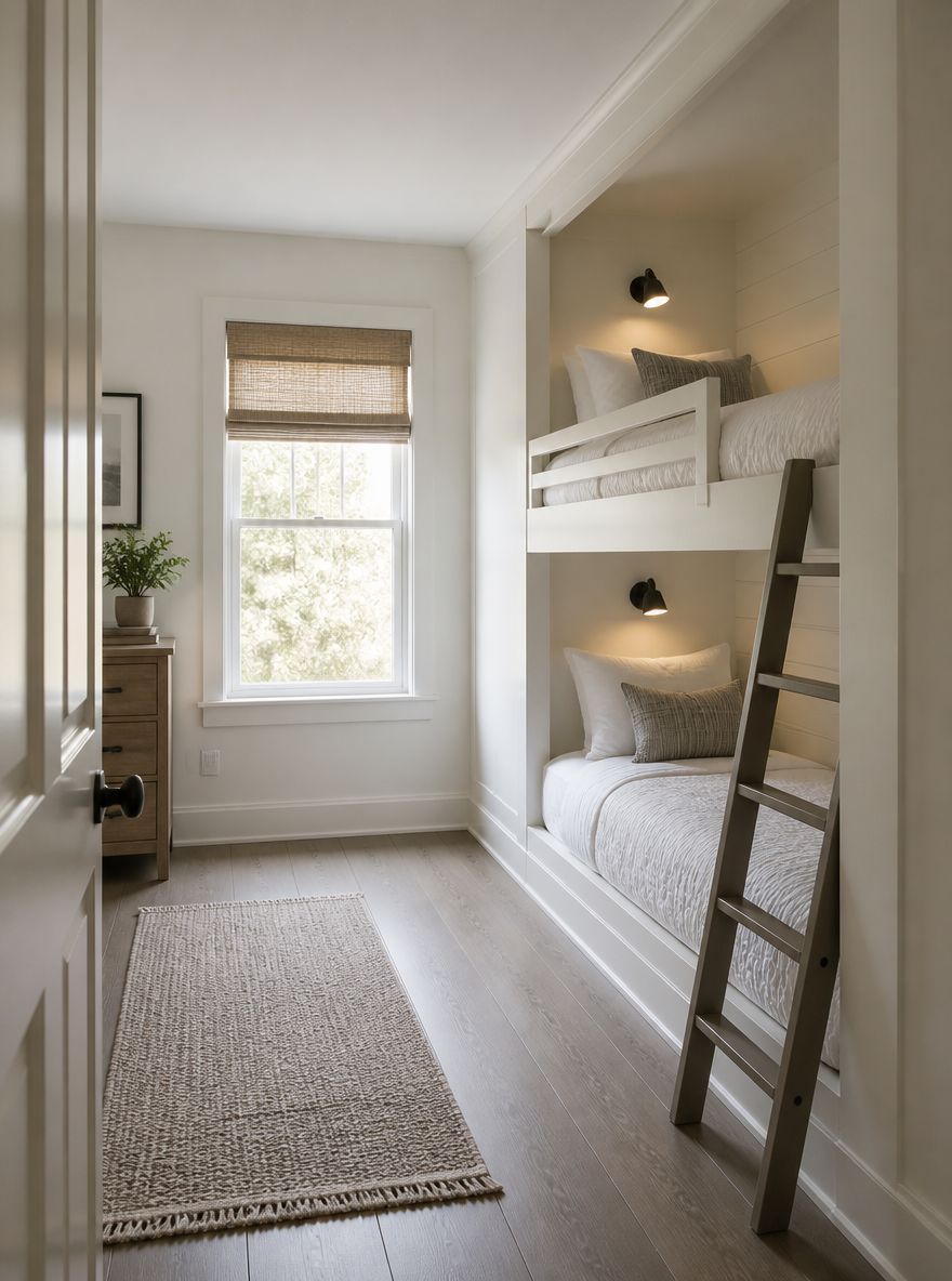 Built-in bunk beds in a white-painted alcove