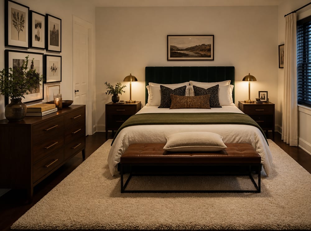 Velvet green headboard with warm brass lamp accents