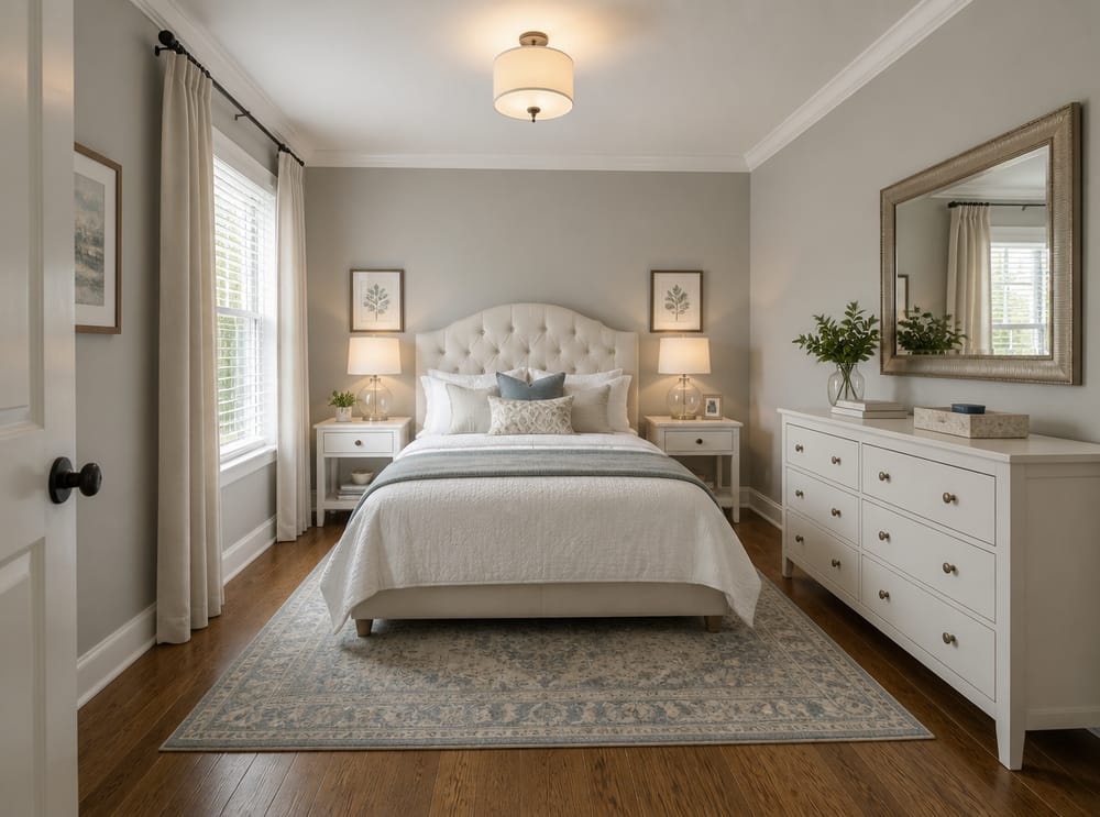 Button-tufted headboard with six-drawer dresser for guest storage