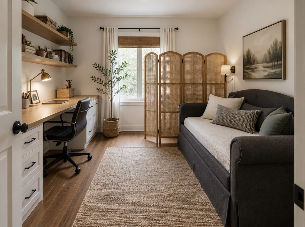 Rattan divider separates daybed from home office zone