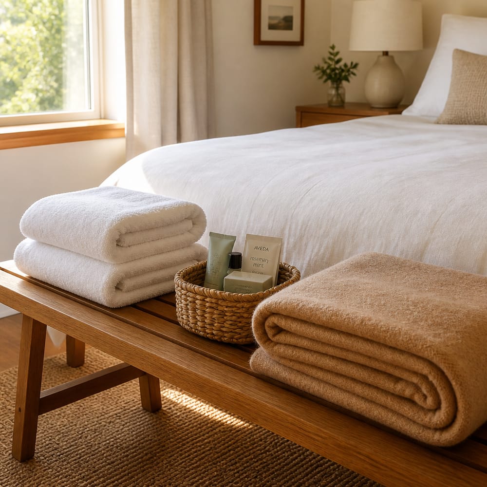 Towels and toiletry basket on foot-of-bed bench