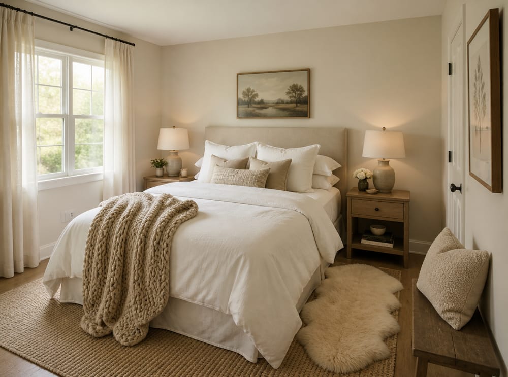 Layered pillows and chunky knit throw on queen bed