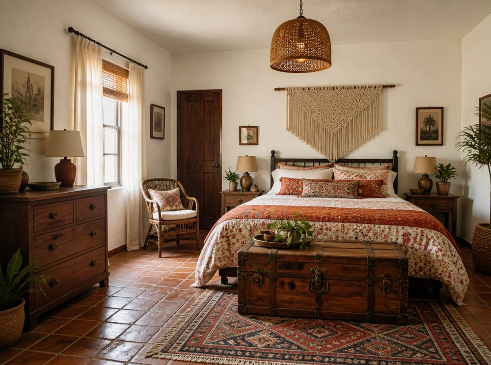 Macrame wall hanging above bed with terracotta layered bedding