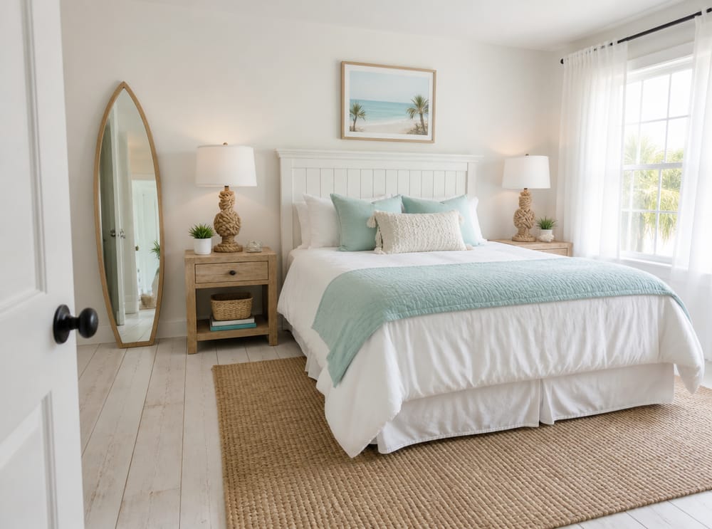 White wood headboard and rope lamps in coastal guest room