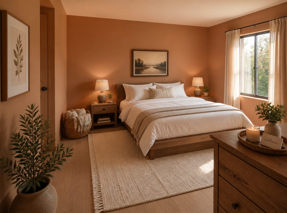 Basket of extra blankets beside low-profile platform bed