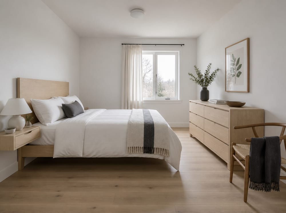 Birch headboard and minimal ceramic lamp, Scandinavian influence