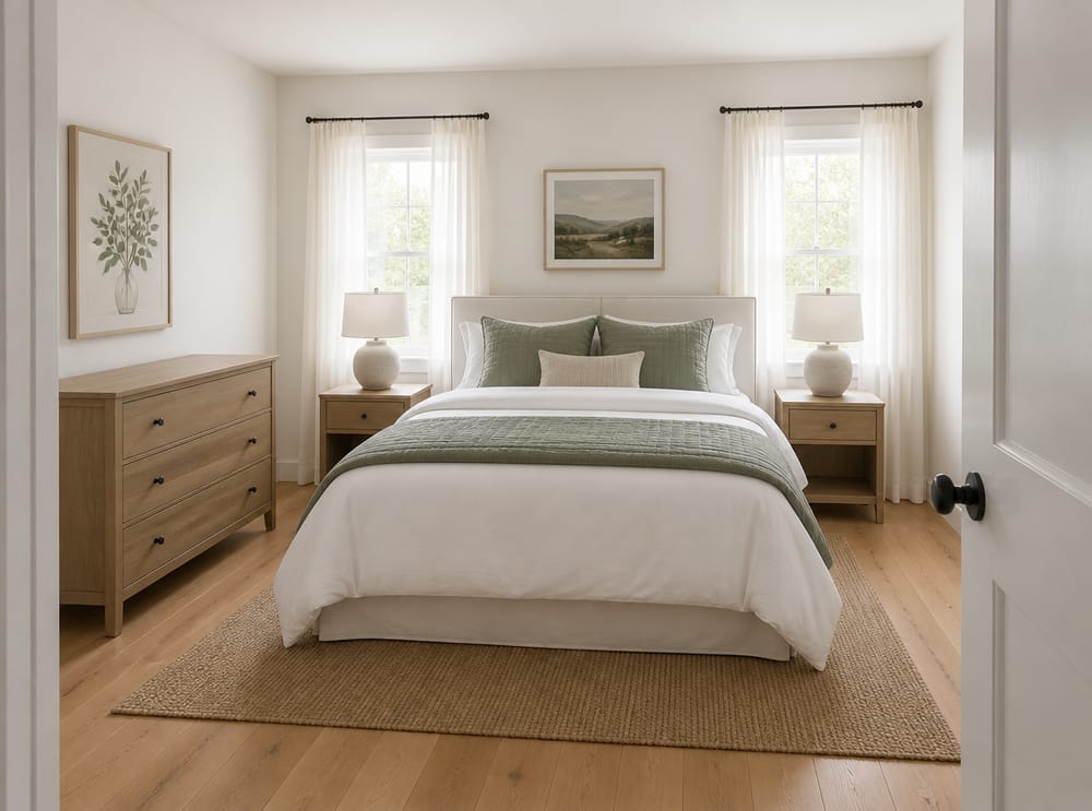 Centered bed between two windows, layered linen bedding