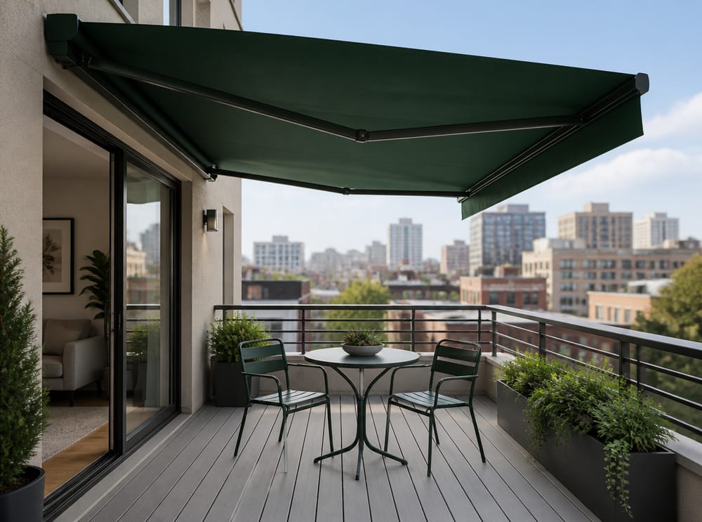 Tenda da sole retrattile verde che ombreggia un bistrot sul balcone