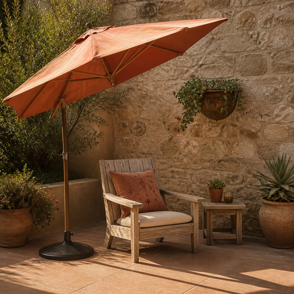 Ombrellone inclinato terracotta sopra poltrona angolare in teak