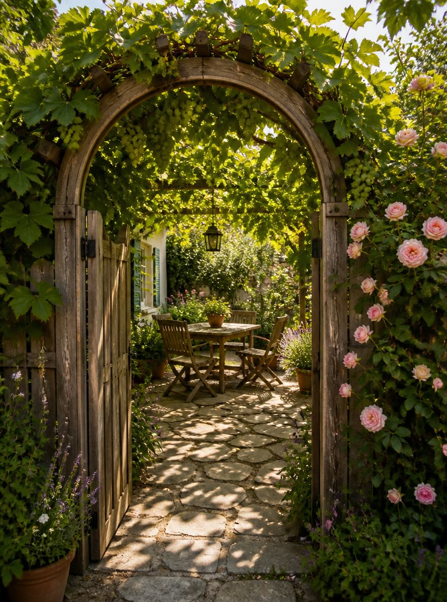 Arco a pergolato di vite che incornicia patio ombreggiato