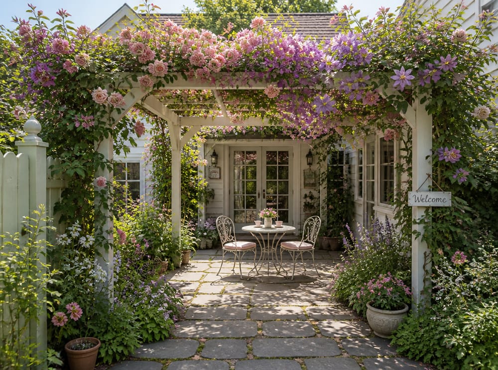 Pergola di rose rampicanti su tavolo bistrot di patio cottage