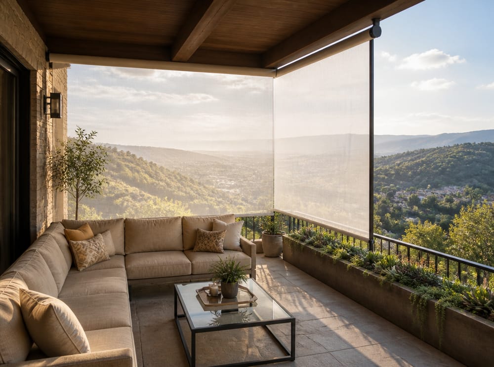Frangivento traslucido su terrazza con divano panoramica