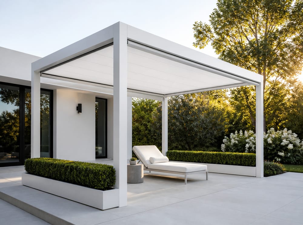 Pergolato in alluminio bianco con tetto retraibile integrato