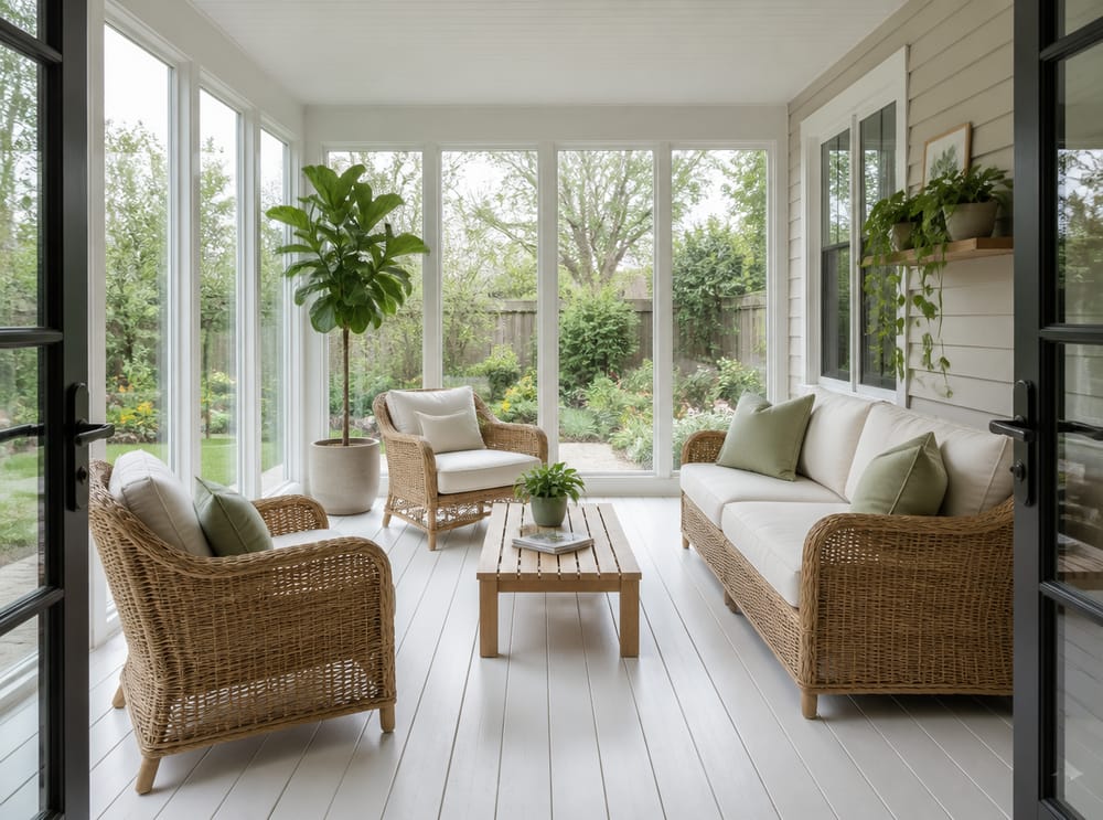 Sedute in rattan rivolte verso il giardino attraverso pareti vetrate