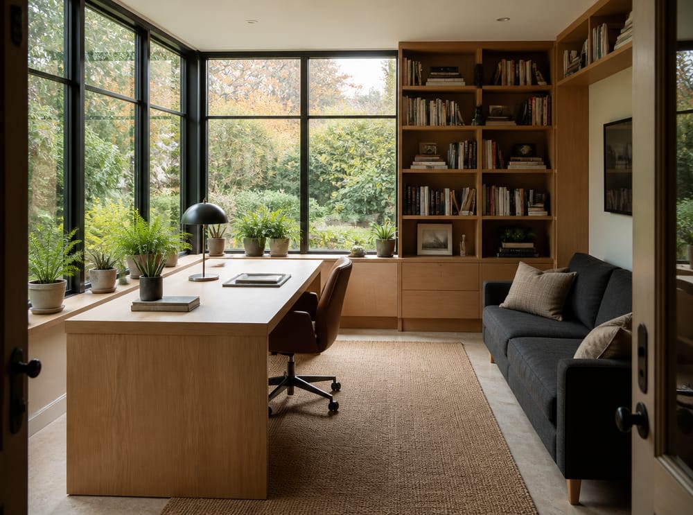 Scrivania in rovere affacciata su parete in vetro, librerie dietro