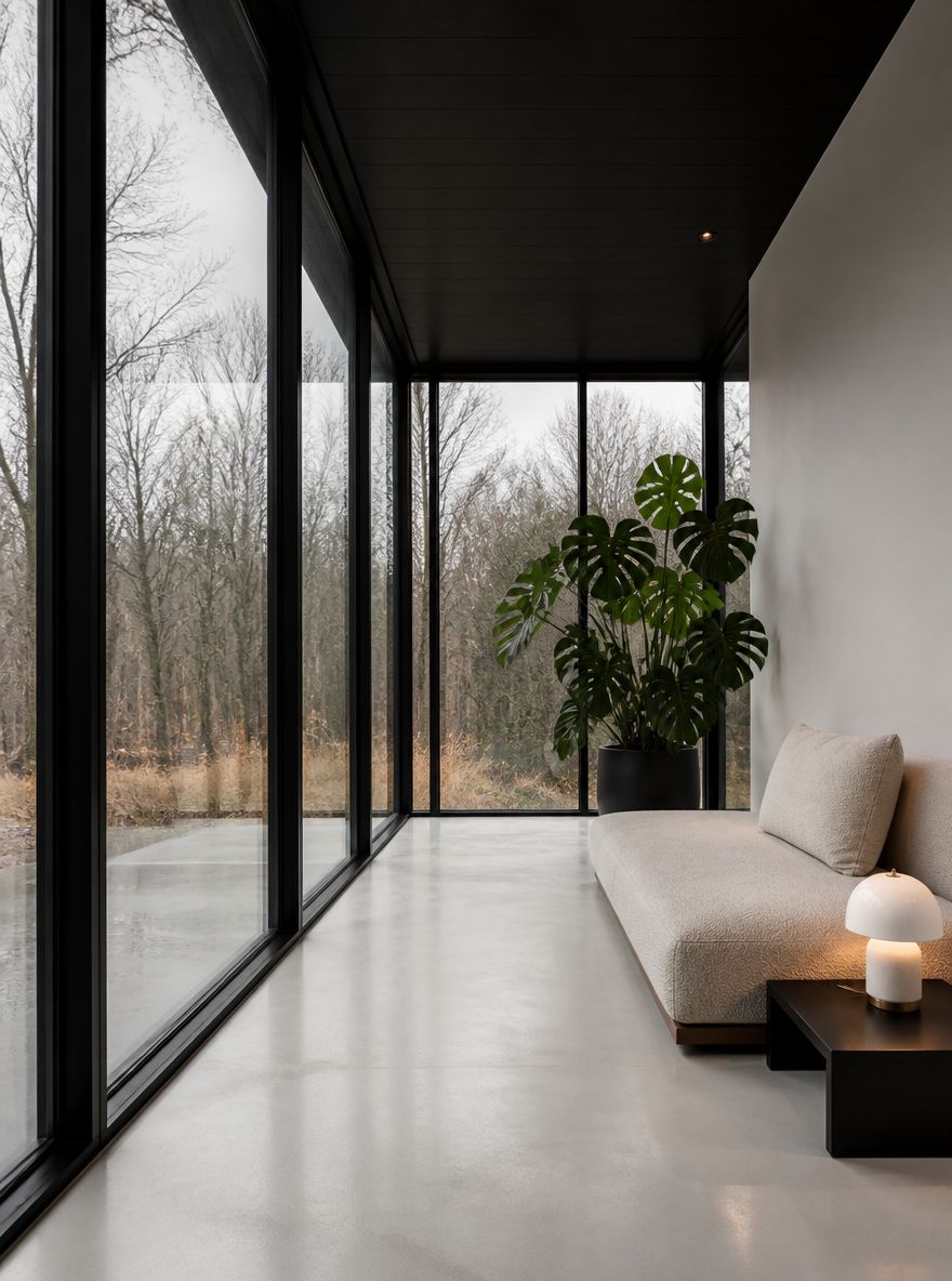 Telaio in acciaio nero opaco, chaise longue bouclé su cemento bianco