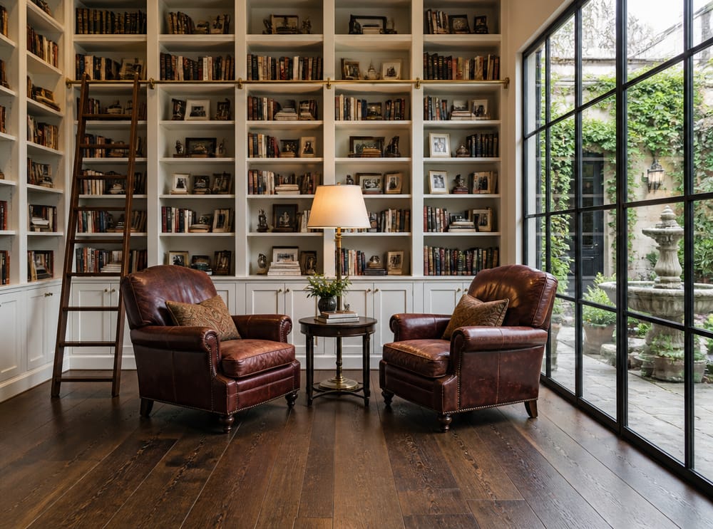 Librerie a tutta altezza, poltrone in pelle, scala libreria