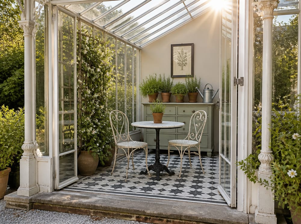 Veranda vittoriana con tavolino bistrot e gelsomino rampicante
