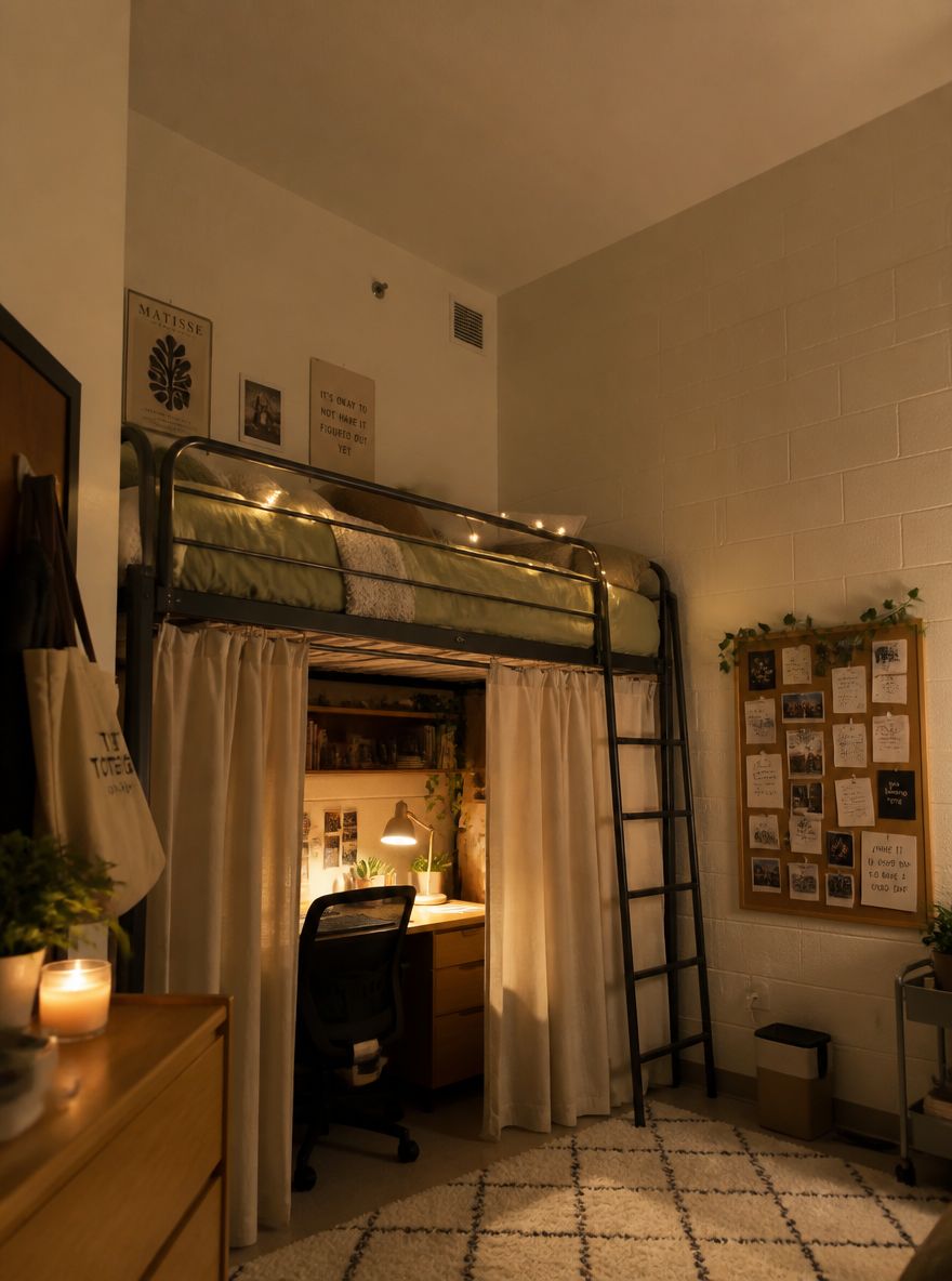 Curtained study nook beneath a lofted bed