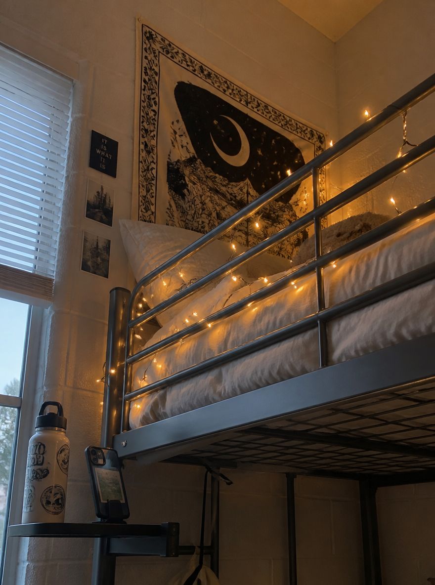 Fairy lights and tapestry framing a lofted bed