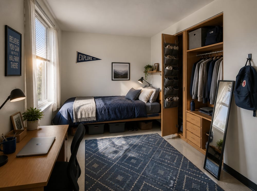 Open wardrobe with hanging organizers and shoe pockets