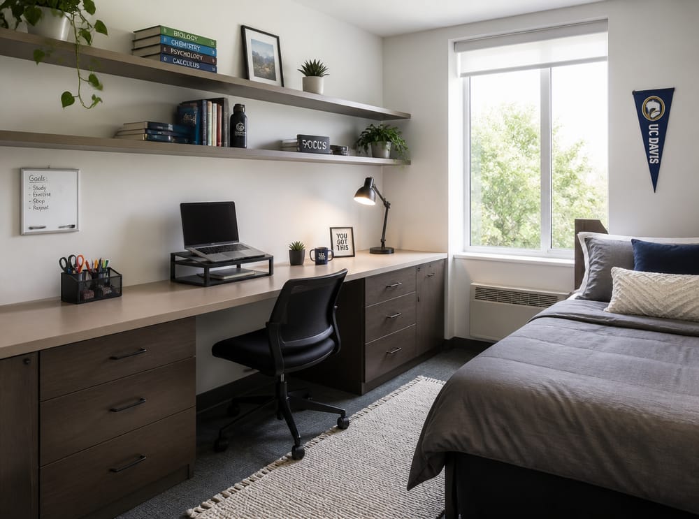 Full-wall desk setup with monitor riser and shelves