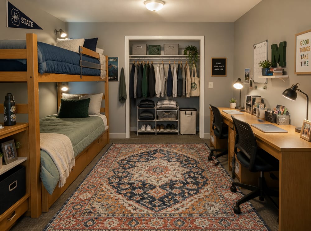 Bunk bed setup with a shared desk for two