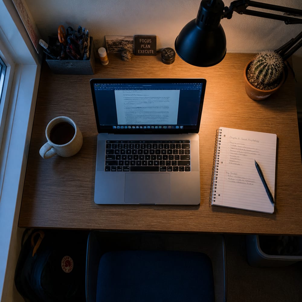 Desk flatlay with laptop, mug, and cactus