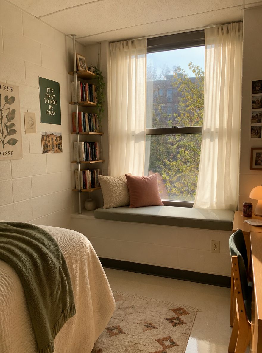 DIY window seat with a foam cushion and pillows