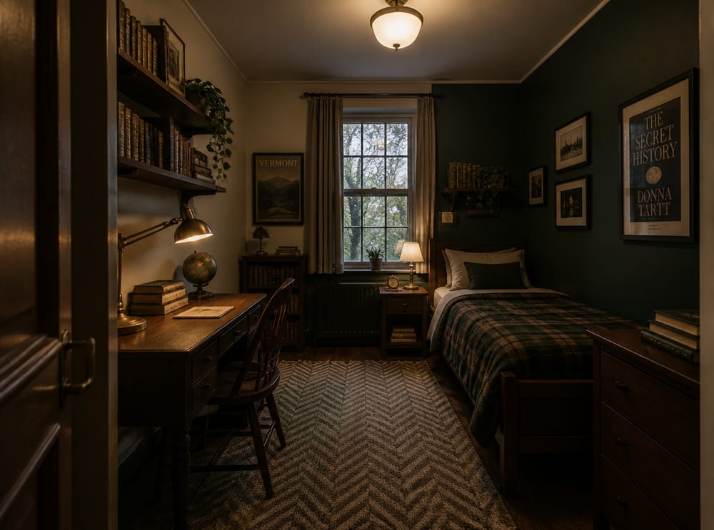 Dark academia desk with brass lamp and stacked books