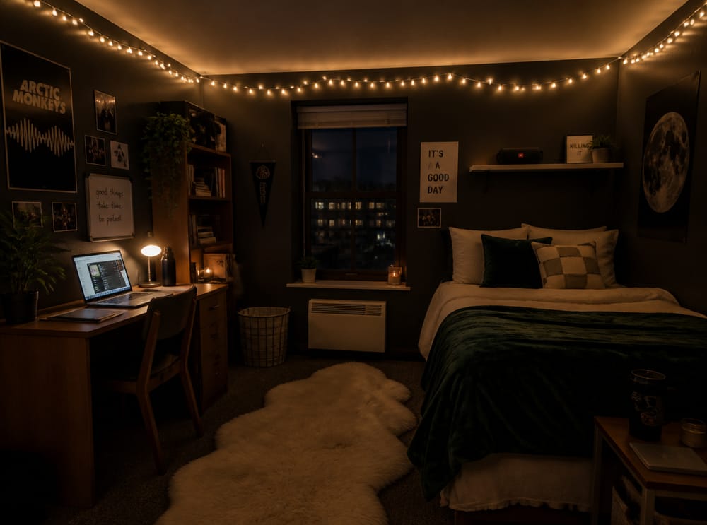 String lights and velvet throw for evening ambiance
