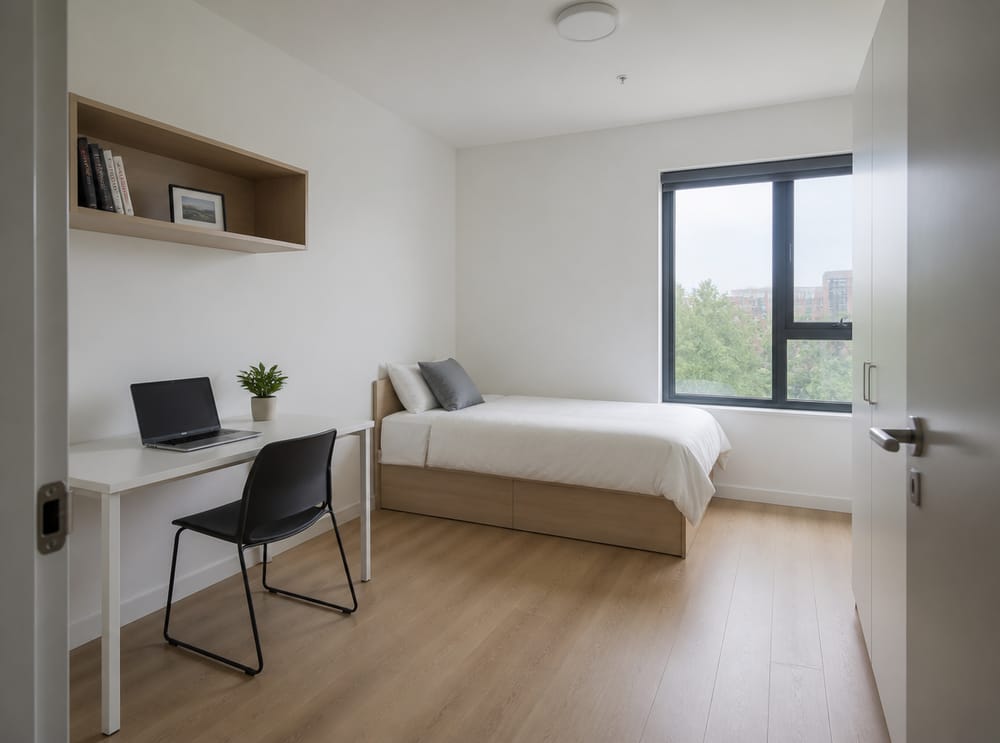 Minimalist white and oak dorm with one plant