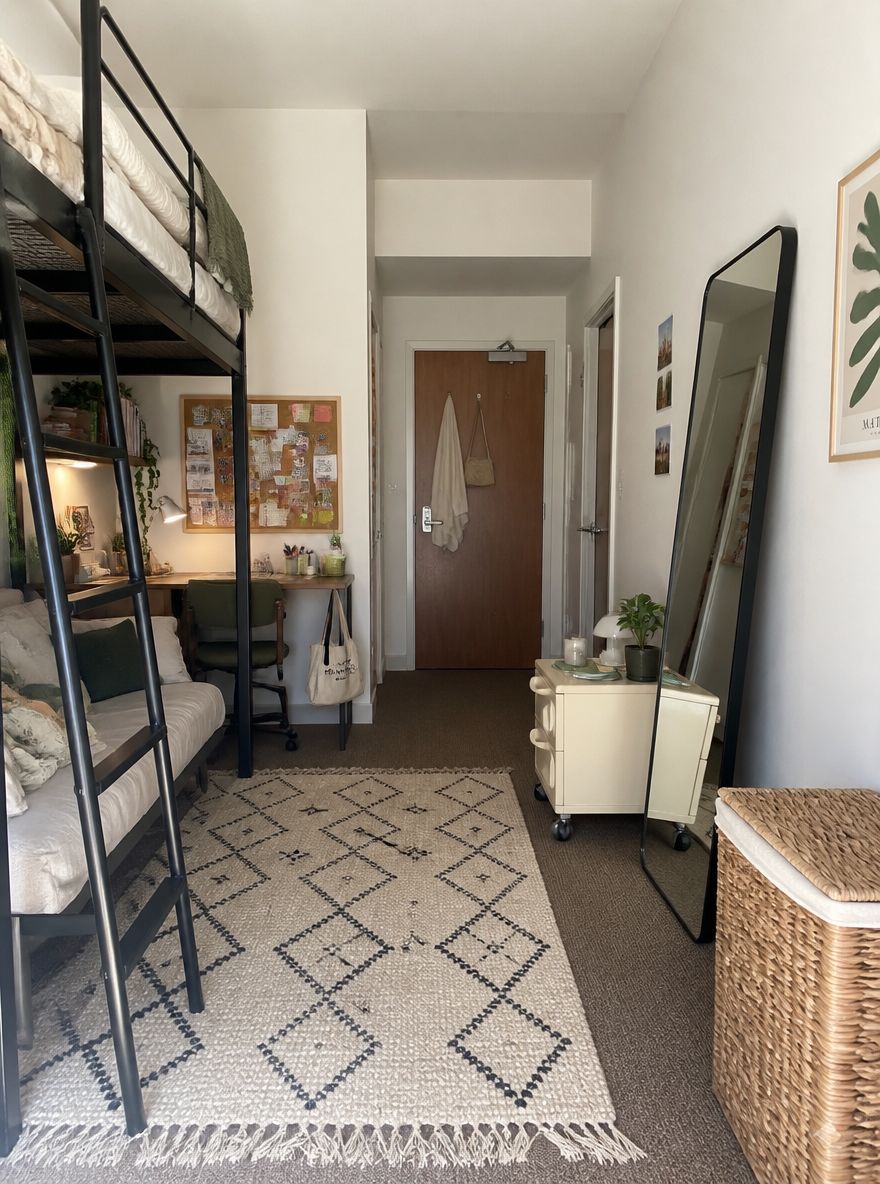 Full-length mirror beside a rolling nightstand