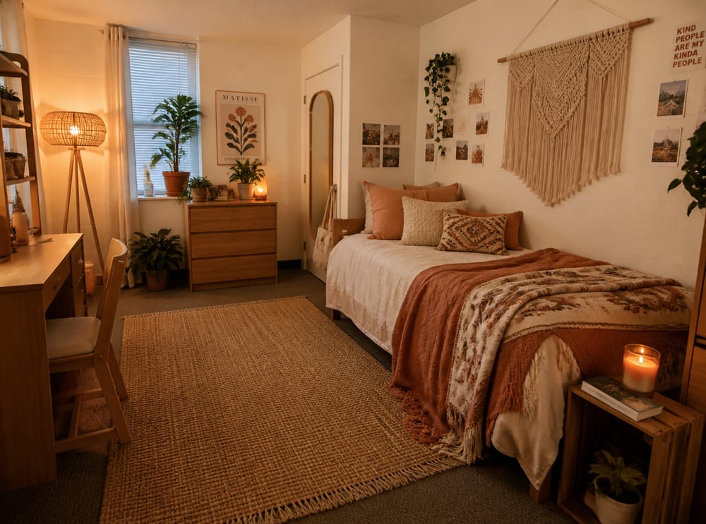Layered throw blankets and rattan lamp in boho dorm