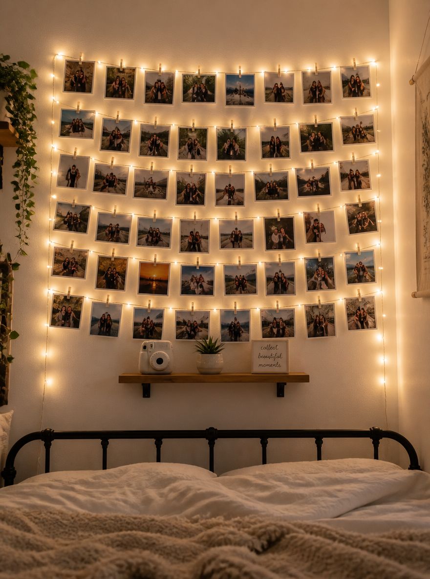 Photo collage wall lit by fairy light strings