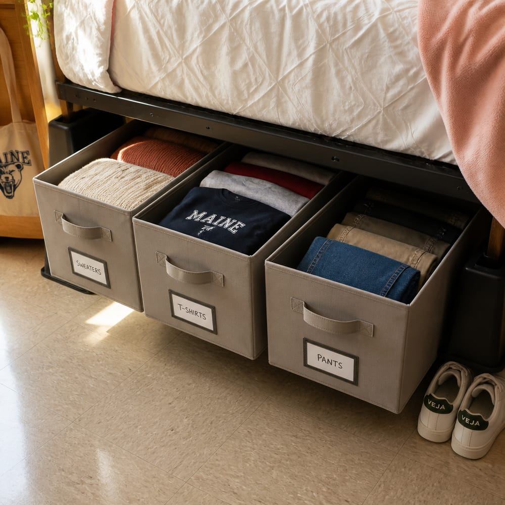 Labeled fabric bins under a raised bed frame