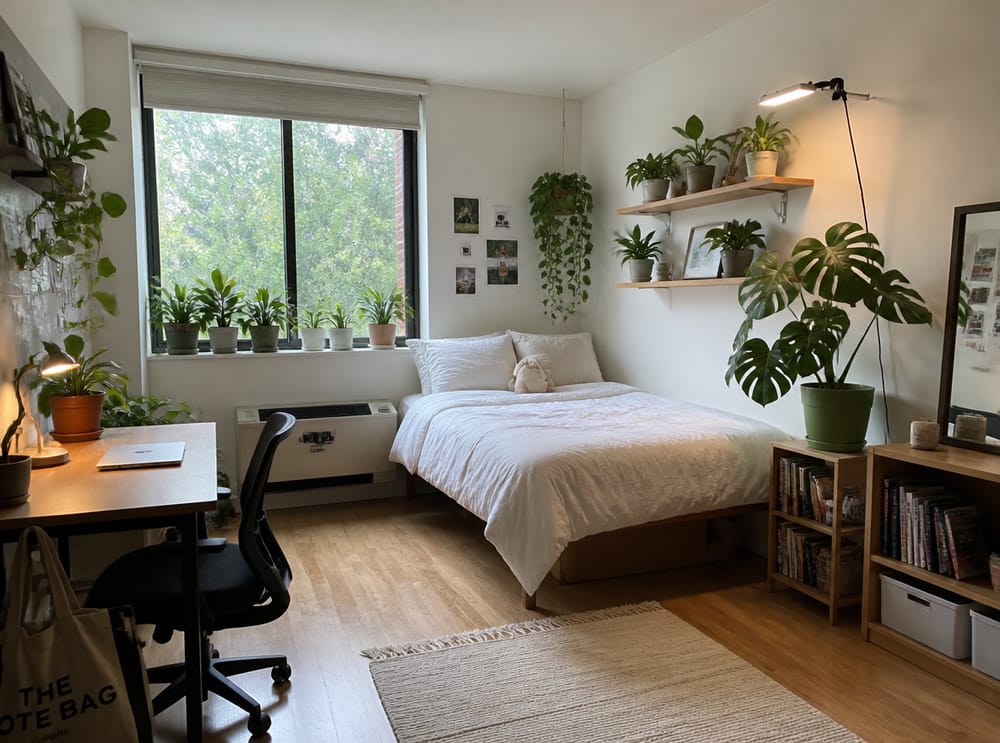 Multiple potted plants arranged on shelves and windowsill