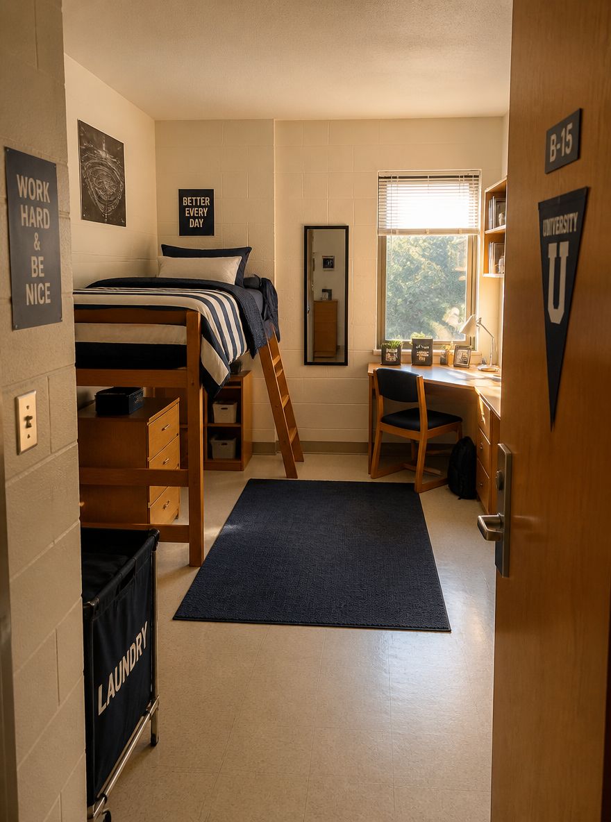Full dorm room visible from the open doorway