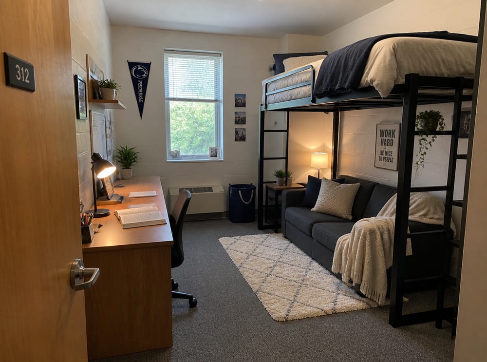 Sofa tucked beneath a lofted bed as a lounge