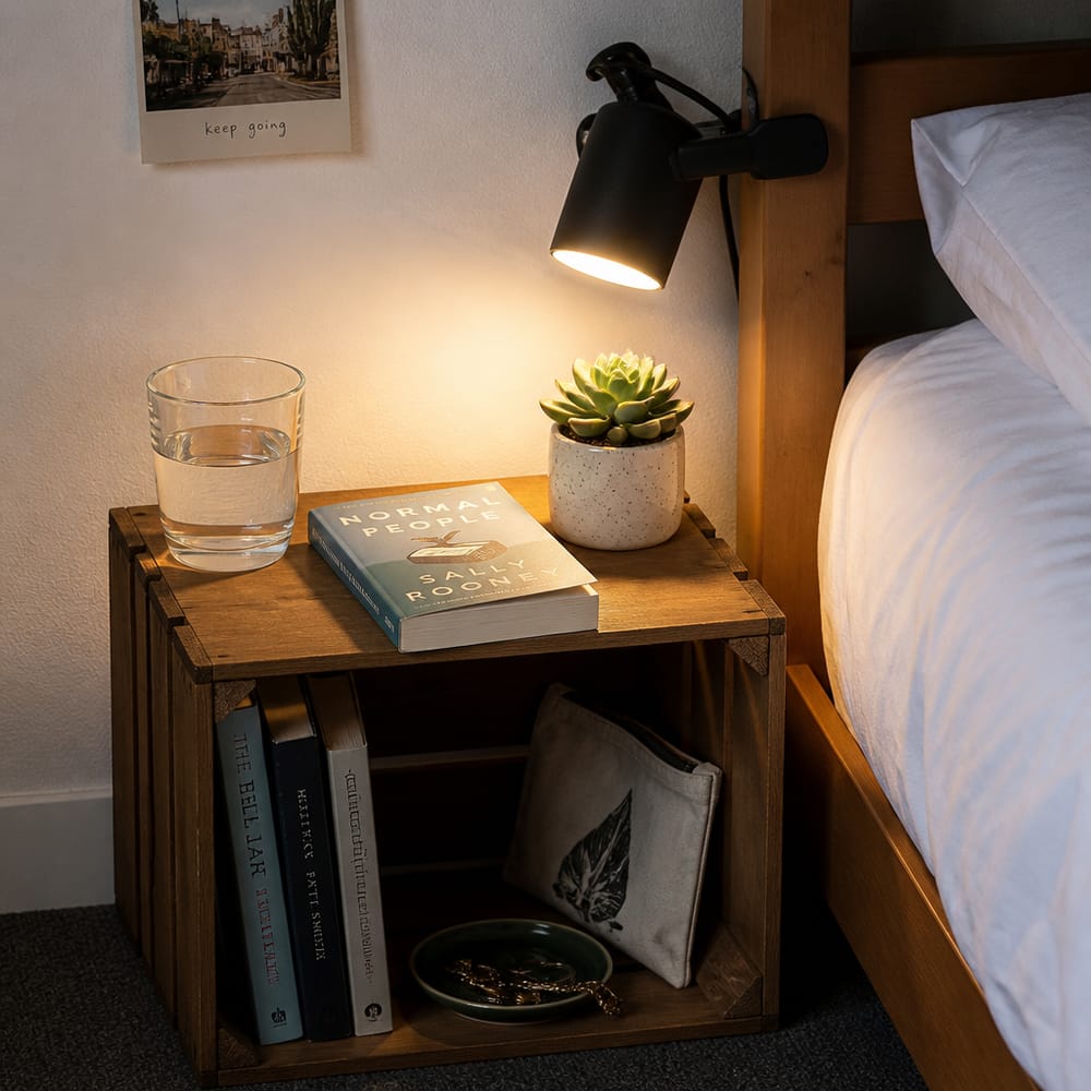 Wooden crate nightstand with reading lamp and plant