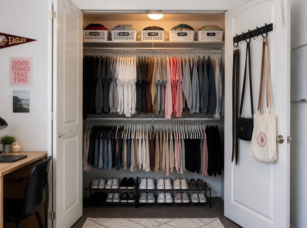 Double-hang tension rod inside an open dorm closet