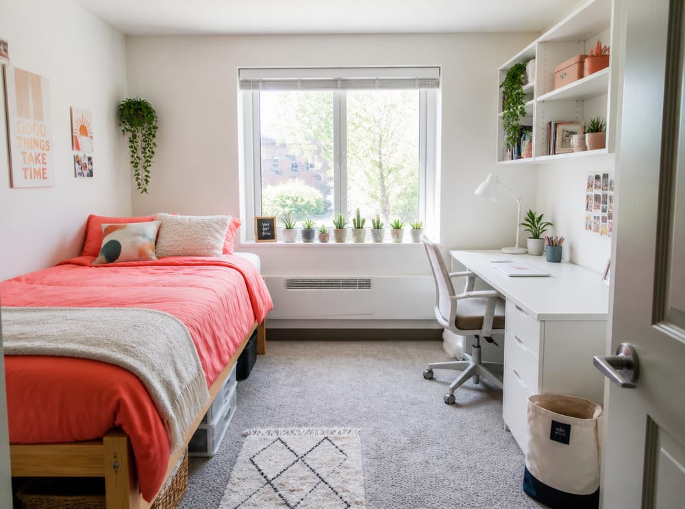 Coral bedding contrasting with a white desk setup