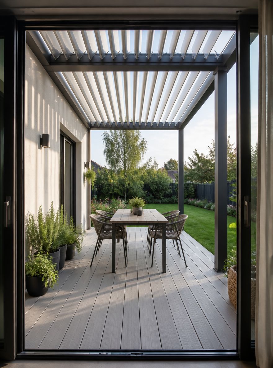 Pergola in alluminio a lamelle sopra una zona pranzo stretta